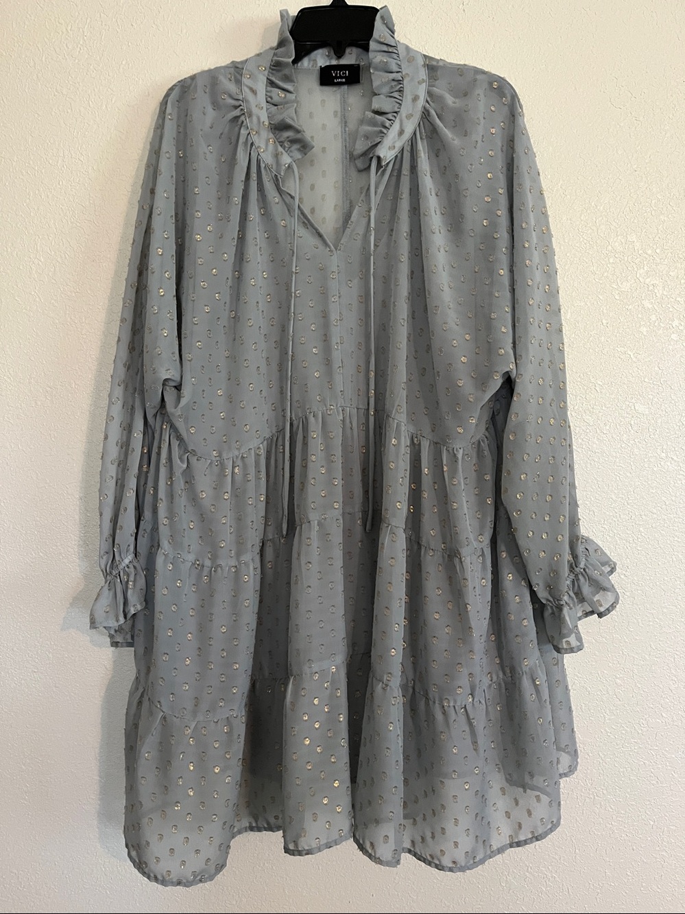 VICI gray metallic dot babydoll peasant dress size L